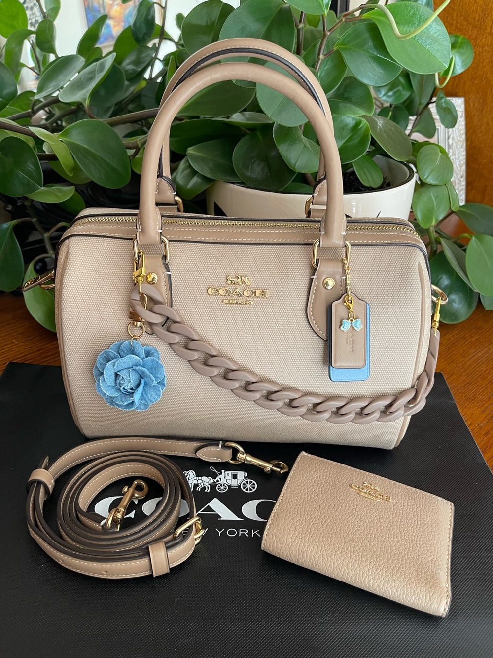 Coach Rowan Satchel in Taupe Fabric with Matching Wallet